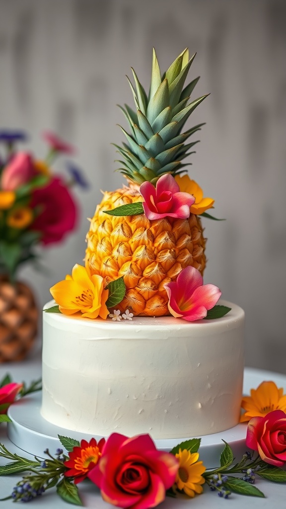 A beautifully decorated pineapple and coconut layer cake with a pineapple on top and colorful flowers around it.