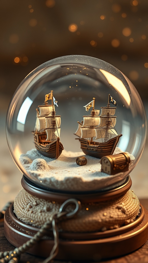 A snow globe featuring two pirate ships, a treasure chest, and a barrel set against a sandy background.