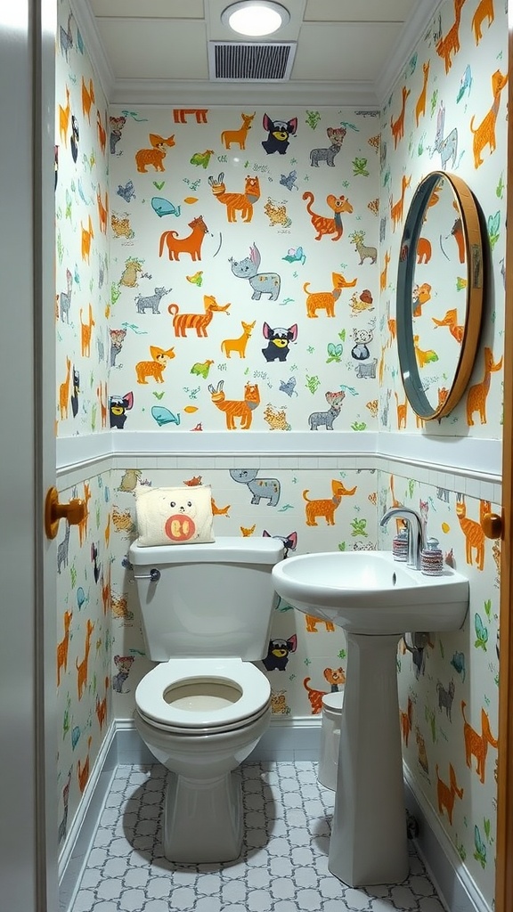 Colorful bathroom wallpaper featuring playful animal motifs.