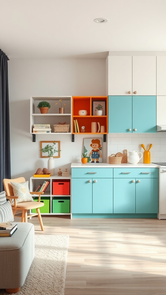 A colorful kitchen and living room area featuring playful storage solutions and a cozy chair for kids.