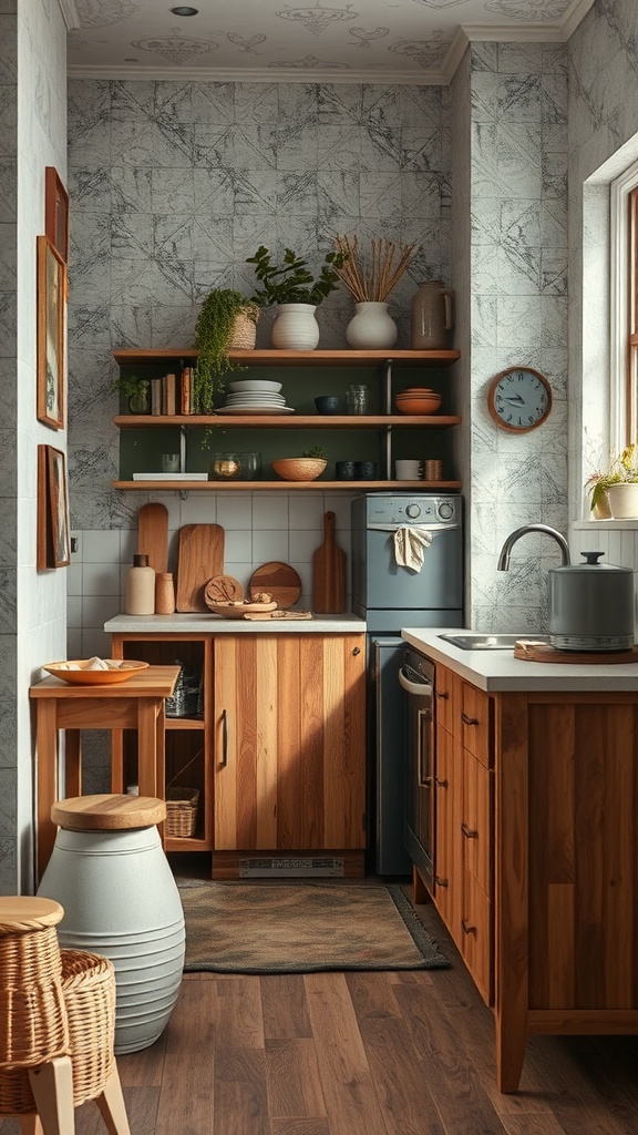 A small kitchen featuring wooden cabinetry, open shelves with dishes, plants, and various textured elements.