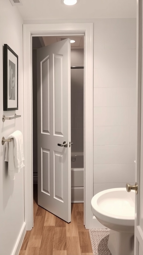 A small bathroom with a pocket door partially open, showing a white toilet and a clean design.