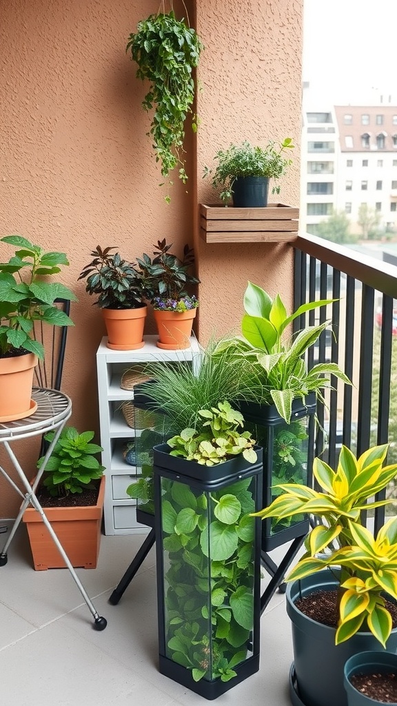 A small balcony garden featuring portable plants in various containers.