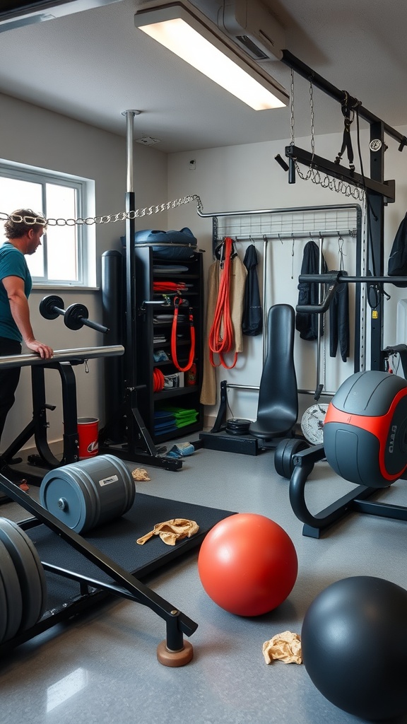 A well-organized garage gym featuring portable gym equipment such as weights, exercise balls, and resistance bands.