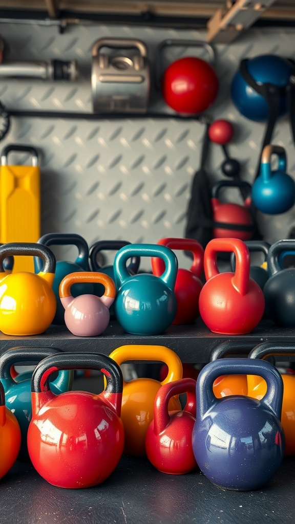 A variety of colorful kettlebells neatly arranged on shelves in a garage gym, showcasing different weights and sizes.