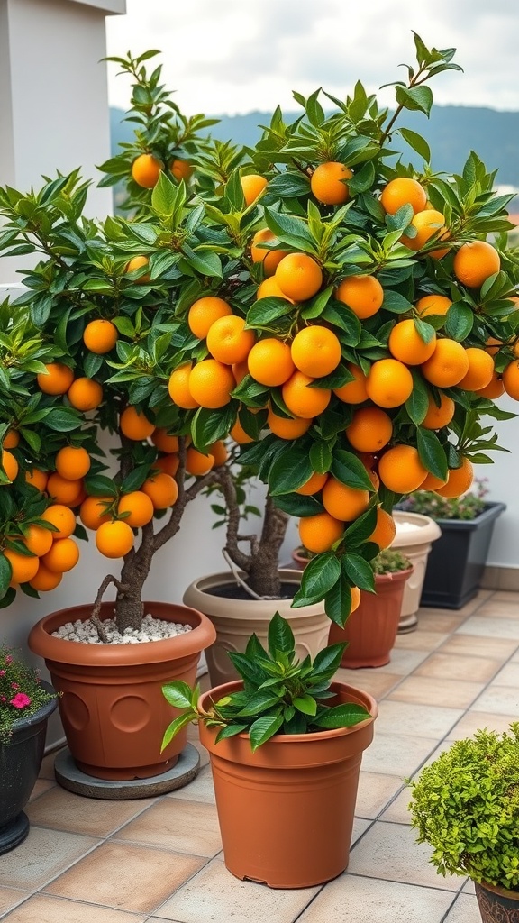 Potted citrus trees with ripe oranges on a terrace garden