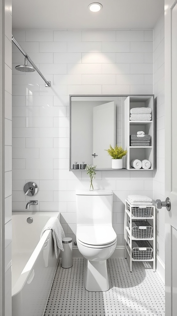 A modern grey and white bathroom featuring practical storage solutions like shelves and baskets.