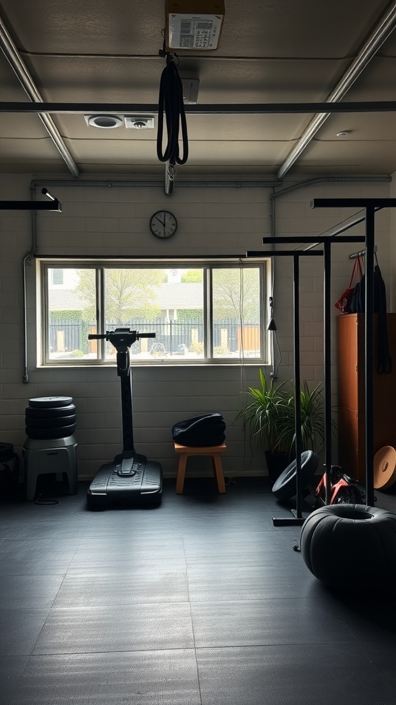 A well-lit garage gym with exercise equipment, a clock, and plants, creating a serene environment for mindfulness and recovery.