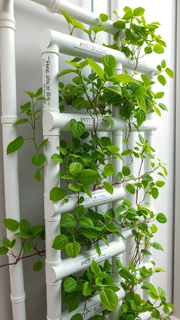 PVC pipe hydroponics system with green plants