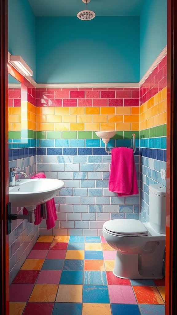 A colorful kids bathroom featuring rainbow tiles and bright accents