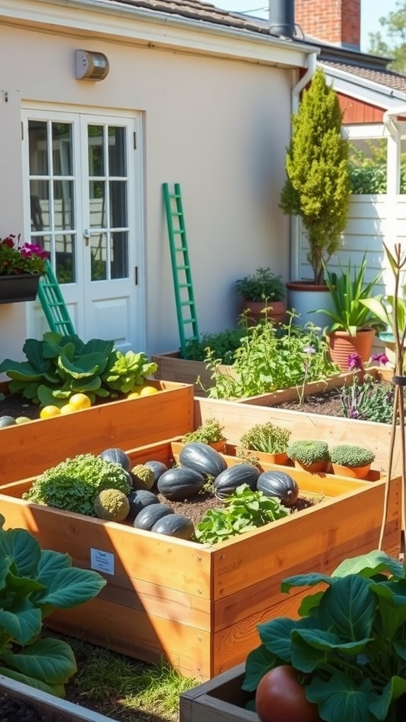 A sunny terrace garden with raised wooden beds filled with vegetables like squash, lettuce, and herbs.