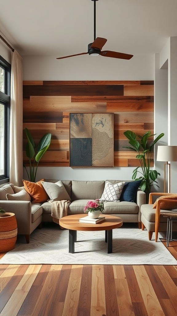 A living room featuring reclaimed wood accents on the wall, a cozy sofa, and plants.