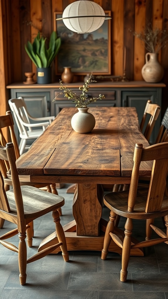 A rustic dining area featuring a reclaimed wood table and chairs, with plants and decor pieces