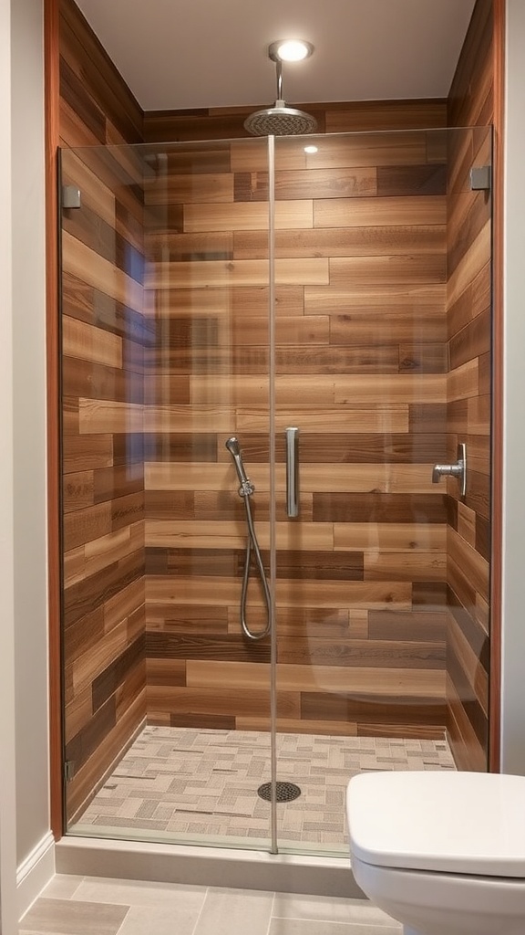 A rustic walk-in shower featuring reclaimed wood panels on the walls with a glass door and a rain showerhead