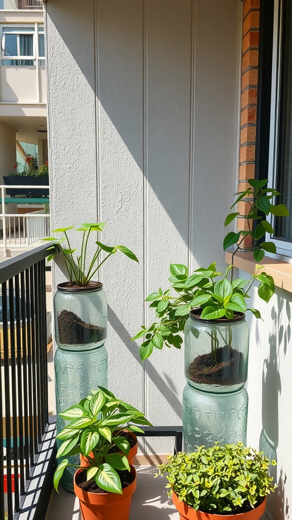 A balcony garden featuring recycled glass bottle planters with lush green plants.