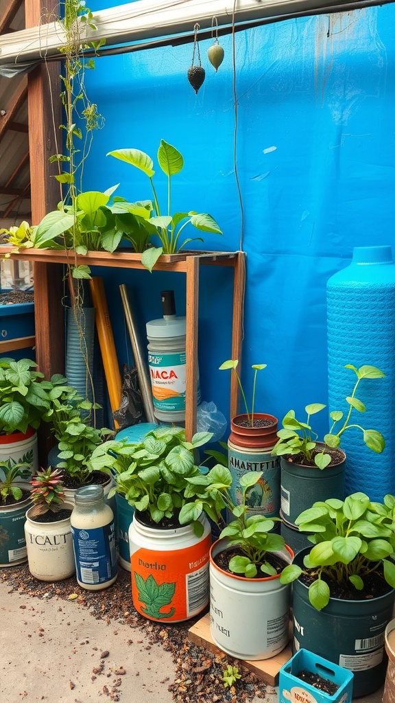 A collection of plants growing in recycled containers, with a blue background.