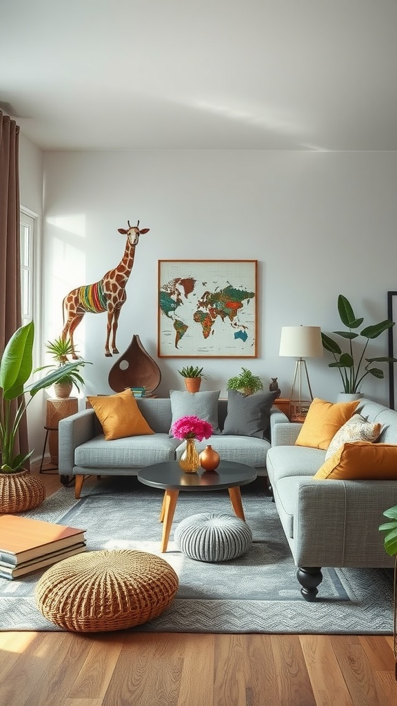 Cozy living room with recycled material decor, featuring gray couches, colorful pillows, and plants.