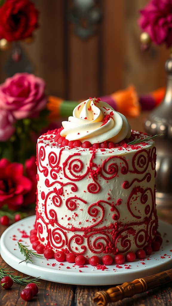 A beautifully decorated Red Velvet Mexican Wedding Cake with white frosting and red swirls.