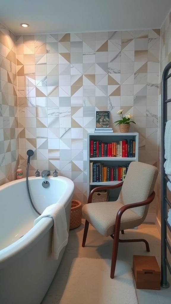 A cozy reading nook by a bathtub, featuring a modern geometric tiled wall, a comfortable chair, and a bookshelf filled with books.