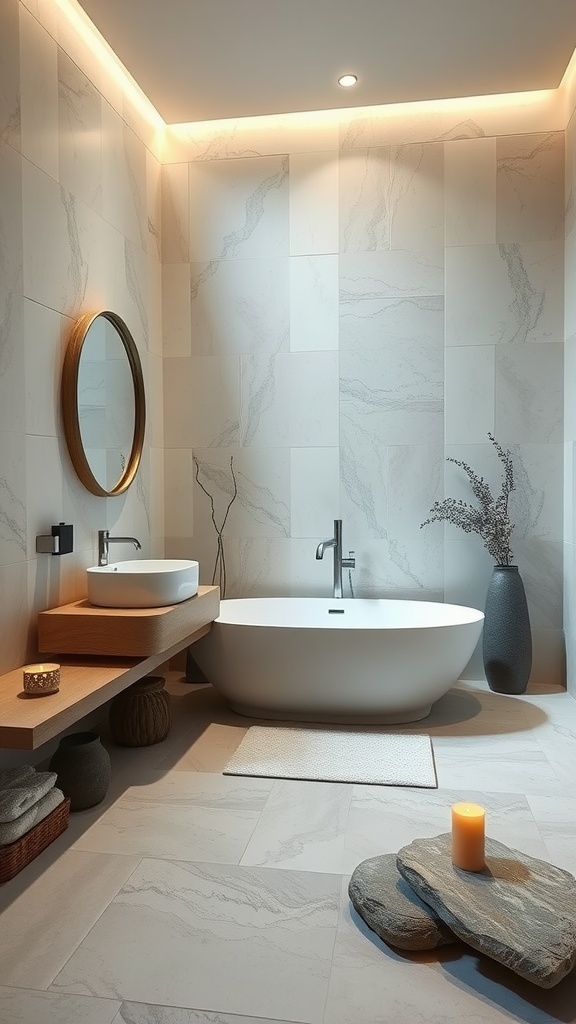 A luxurious bathroom featuring a freestanding bathtub, wooden shelf, and smooth stones, designed for a relaxing zen space.