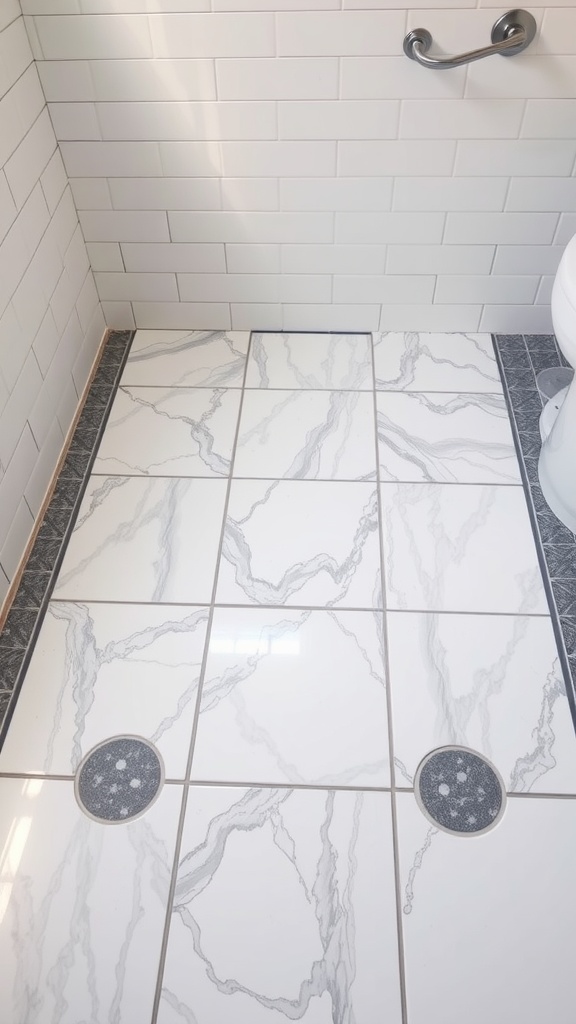 Bathroom floor featuring chic white and gray veined tiles with dark border tiles and circular drain covers.