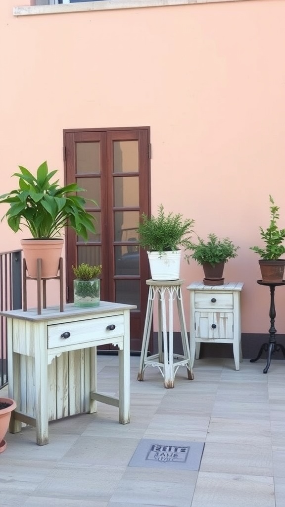 Terrace garden with repurposed furniture as plant stands, featuring a vintage table and a tall plant stand.