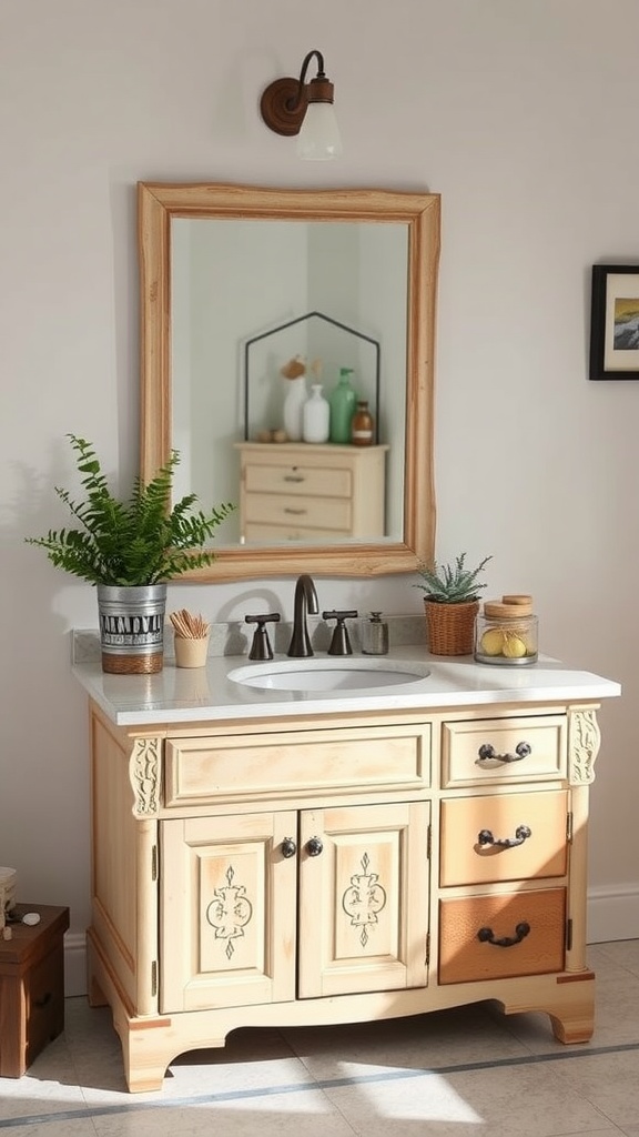 Repurposed wooden vanity with white countertop, mirror, and plants in a modern farmhouse bathroom.