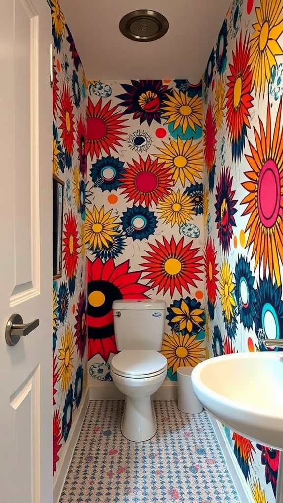 A small bathroom featuring bright retro pop art wallpaper with large colorful flowers