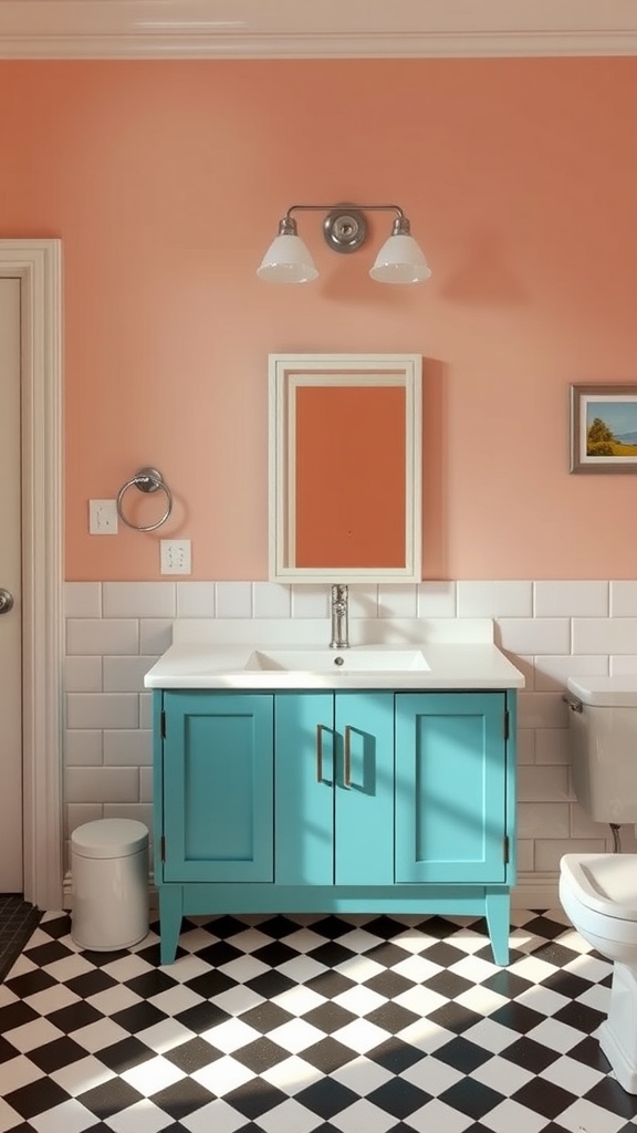 A retro-style bathroom featuring a turquoise vanity, checkerboard flooring, and peach walls.