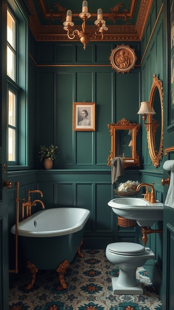 A Victorian-style bathroom featuring deep green walls, gold accents, and ornate decor.