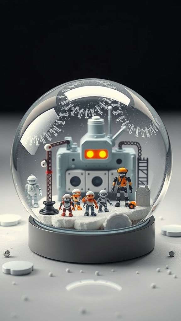 A snow globe featuring a robot factory scene with colorful robot figurines and a futuristic backdrop.