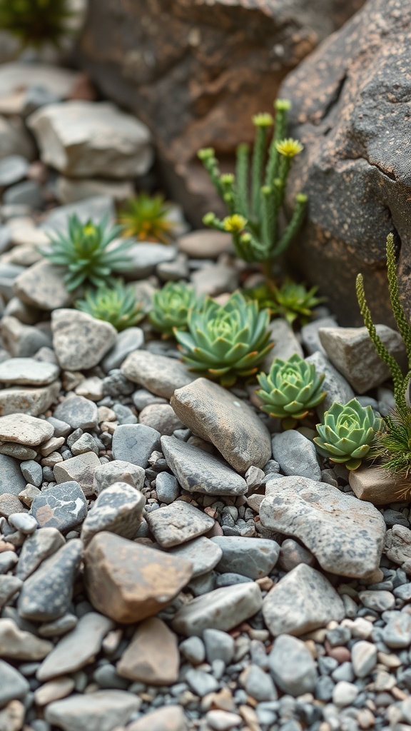 A rock garden featuring various succulents and stones, showcasing a natural design.