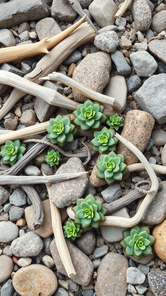 A rock garden featuring various succulents surrounded by stones and driftwood.