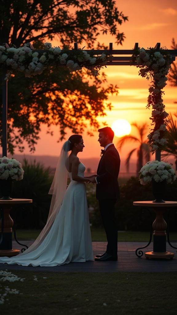 Couple exchanging vows during a romantic sunset at a garden wedding.