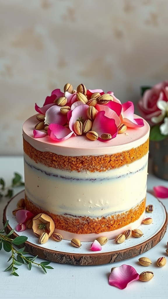 A beautifully decorated Rose Water and Pistachio Cake topped with rose petals and pistachios, showcasing its layers.