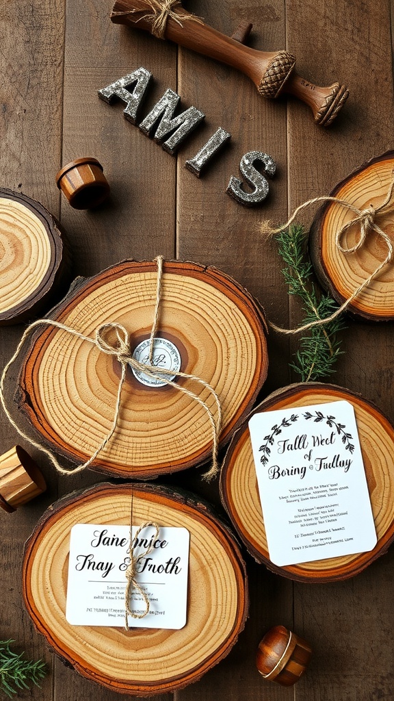 Closeup of rustic wooden invitations for a wedding, featuring natural wood slices, twine, and elegant typography.