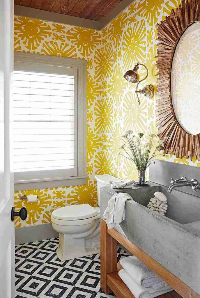 rustic bathroom yellow wallpaper tiled floor 102832668 679a04056e7441429bc88fa5da6ef6c2 11zon