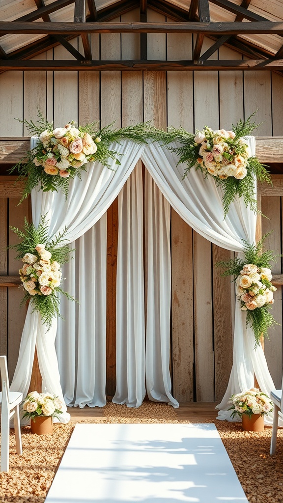 Rustic wedding ceremony backdrop with white draping and floral arrangements