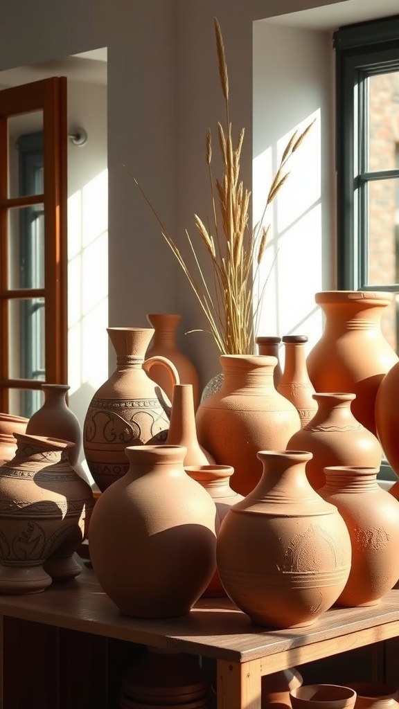 A collection of rustic clay pottery displayed on a table with sunlight streaming in