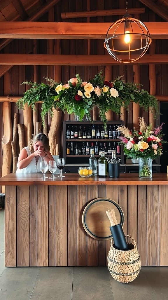 A rustic cocktail bar setup featuring a wooden bar with floral decorations, drinks, and a bartender.