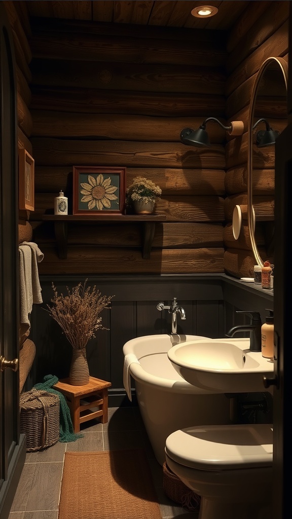 A rustic dark-themed bathroom featuring wooden walls, a tub, and decorative accents.