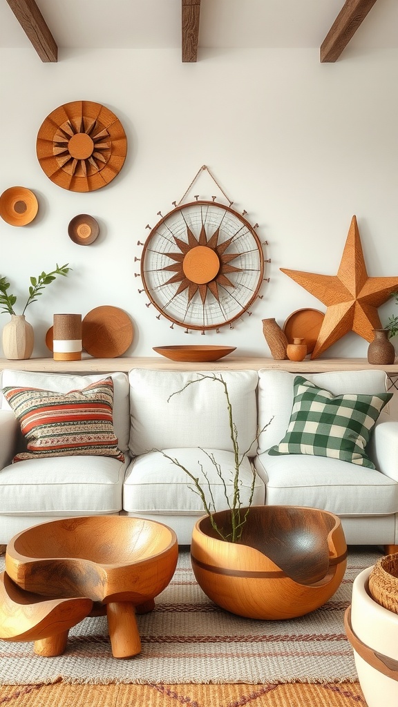 A rustic living room featuring wooden decorative accessories, a cozy couch with patterned cushions, and natural elements.