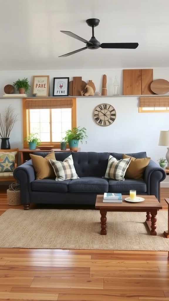 A cozy living room featuring a dark gray couch with patterned pillows, a wooden coffee table, and warm accents.