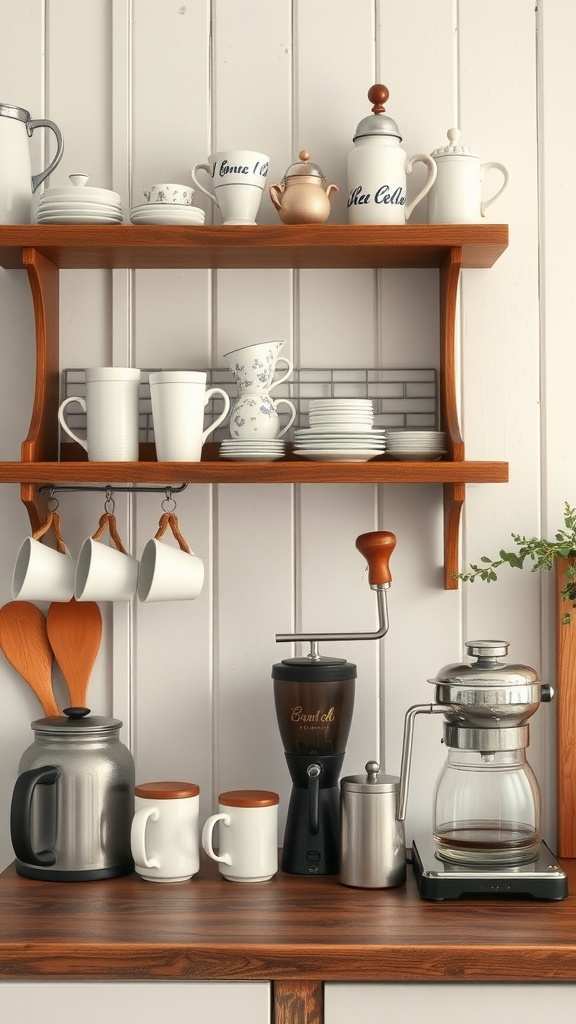 A rustic farmhouse coffee station with wooden shelves, white cups, and coffee-making tools.