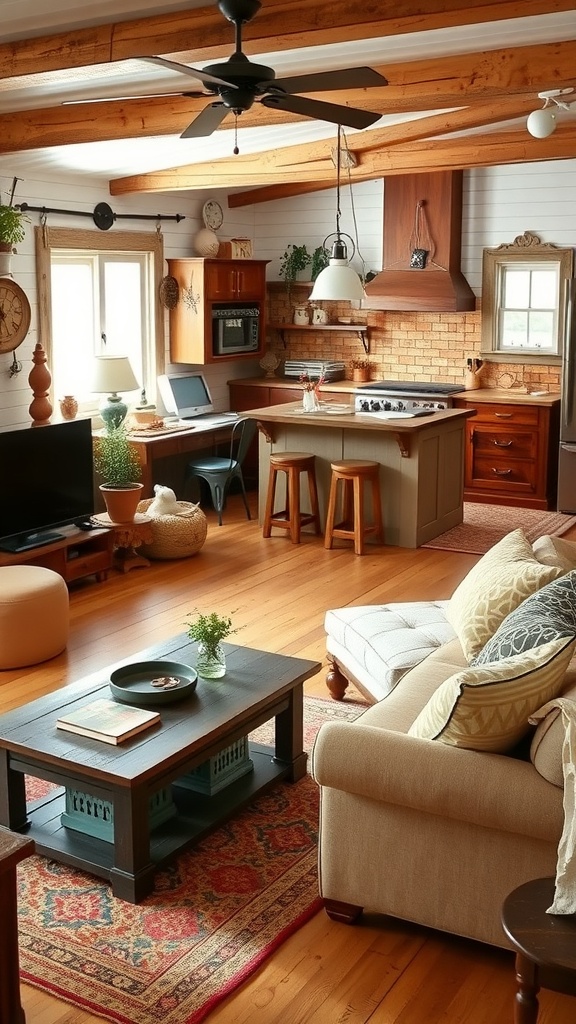 A cozy rustic farmhouse style living room and kitchen combined, featuring wooden beams, brick backsplash, and comfortable seating.