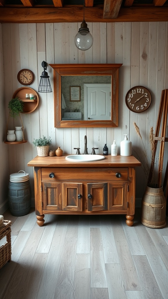 Rustic farmhouse bathroom vanity made from reclaimed wood with a sink and decorative items.