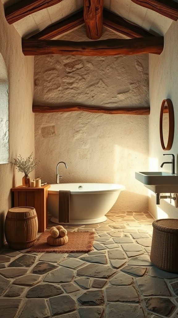 A rustic bathroom featuring flagstone flooring, a clawfoot tub, wooden accents, and soft lighting.