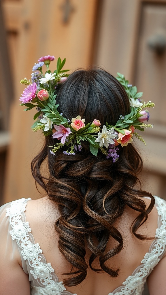 A close-up image of a bride wearing a rustic floral crown with a variety of colorful flowers.