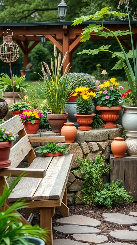 A rustic garden scene featuring potted plants, vibrant flowers, and a wooden bench surrounded by stone elements.