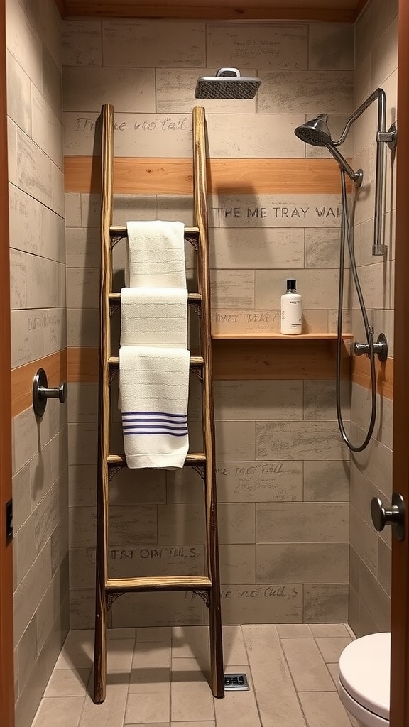 A rustic wooden ladder holding towels in a stylish walk-in shower.